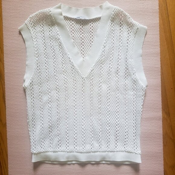 Zara White Mesh Knit Vest, M - Picture 2 of 6